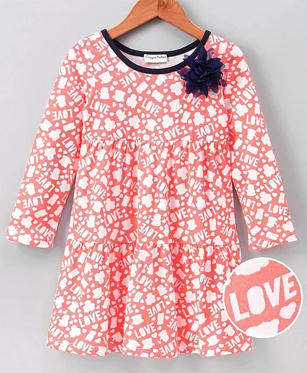 CrayonFlakes Full Sleeves Love Print Dress - Peach