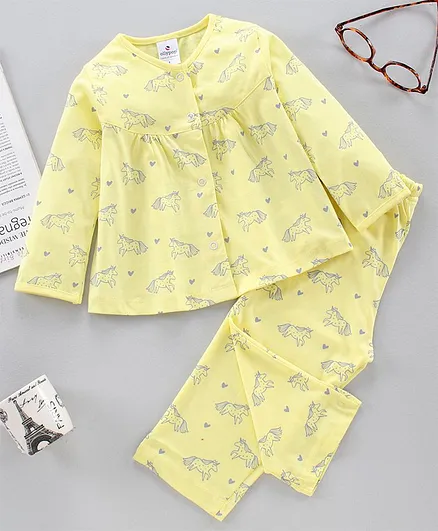 OLLYPOP Full Sleeves Unicorn Printed Pyjama Set - Lemon