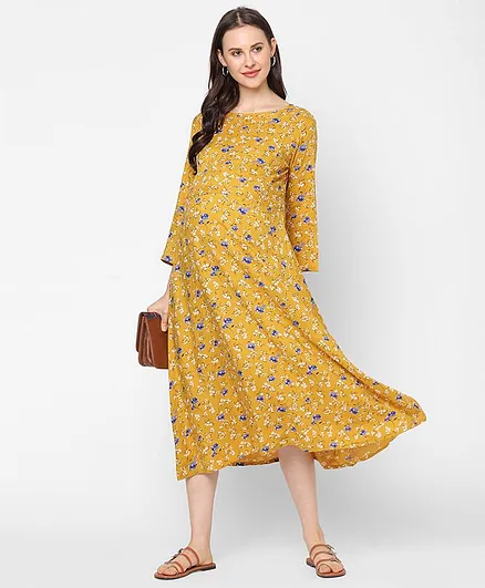MomToBe Full Sleeves Floral Print Maternity Dress - Yellow
