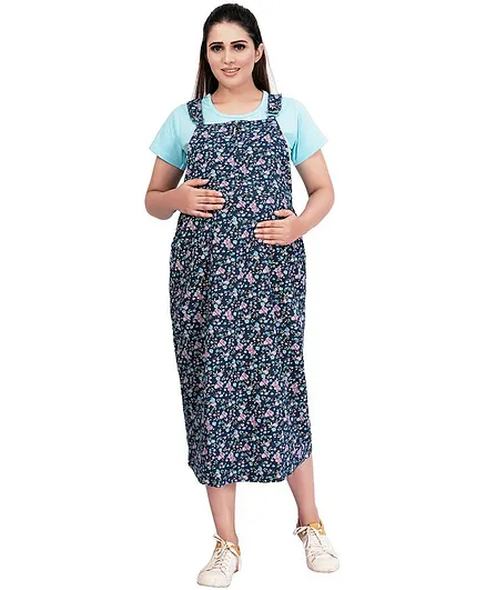 Mamma's Maternity Half Sleeves  Denim & Rayon Flower Printed Maternity Dress - Sky Blue
