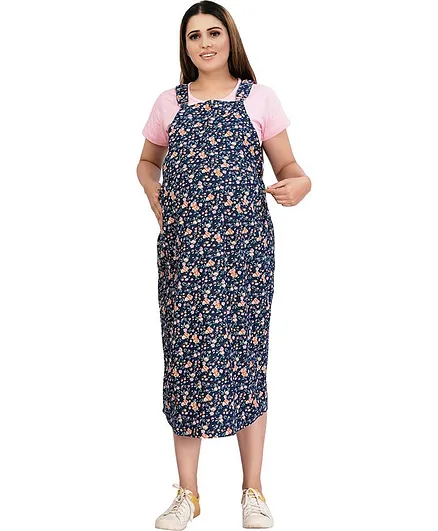 Mamma's Maternity Half Sleeves  Denim & Rayon Flower Printed Maternity Dress - Pink & Blue