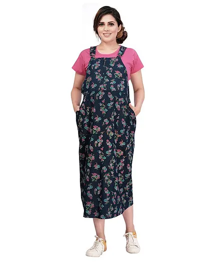 Mamma's Maternity Half Sleeves  Denim & Rayon Flower Printed Maternity Dress - Pink & Blue