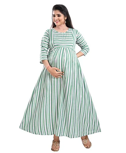 Mamma's Maternity Three Fourth Sleeves Striped Maternity Long Dress - Green
