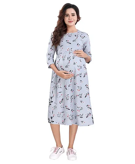 Mamma's Maternity Three Fourth Sleeves Floral Print Dress - Grey