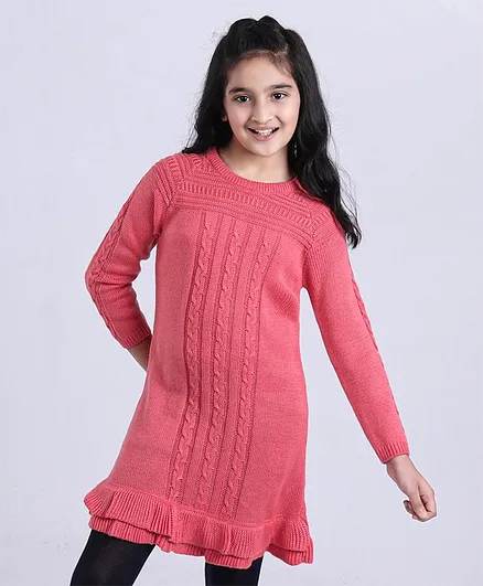 Pine Kids Full Sleeve Knee Length Dress Solid Color - Pink