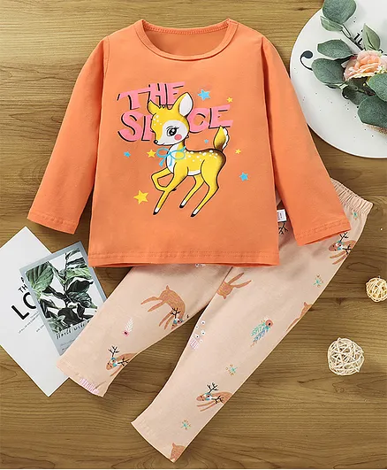 Kookie Kids Full Sleeves Night Suit Deer Print - Orange