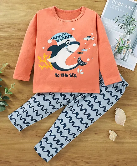Kookie Kids Full Sleeves Night Suit Shark Print - Orange