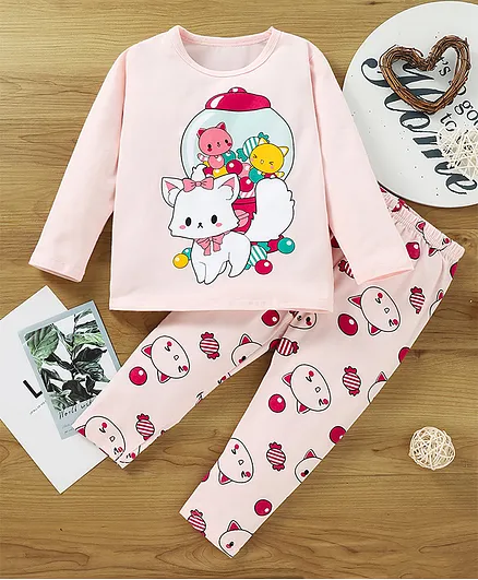 Kookie Kids Full Sleeves Night Suit Kitty Print - Pink