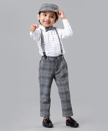 Babyhug Full Sleeves Party Wear Shirt and Trouser with Suspenders And Cap - Grey