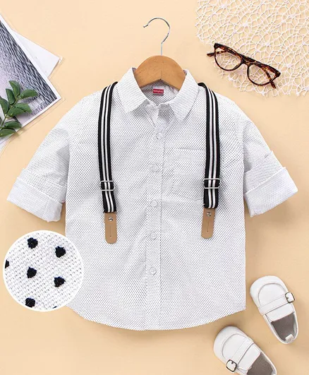 Babyhug Full Sleeves Party Wear Shirt with Suspenders Polka Dot Print - White