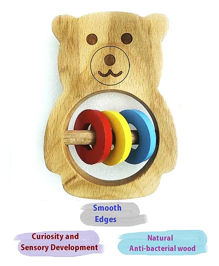 Wooden Bear Rattle and Teething Animal Shaped Toy - Multicolour