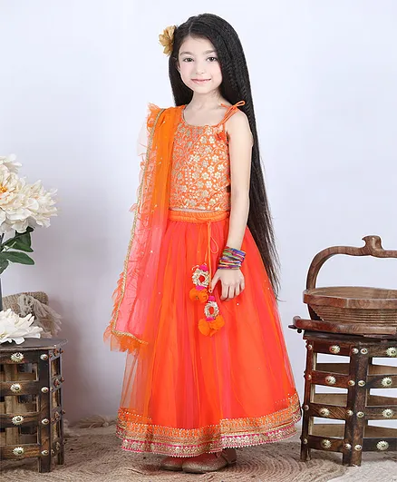 Babyhug Sleeveless Embellished Choli & Lehenga With Dupatta - Orange