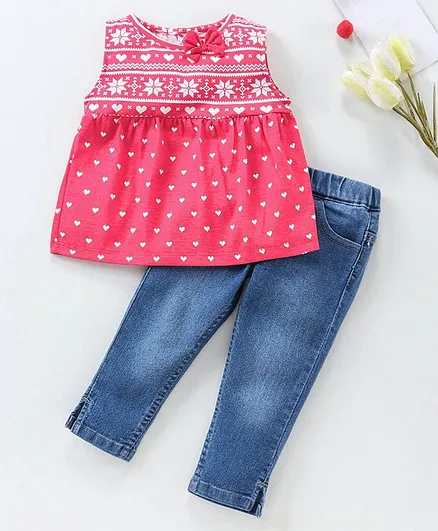 Babyhug Sleeveless Floral Top & Jeans - Pink