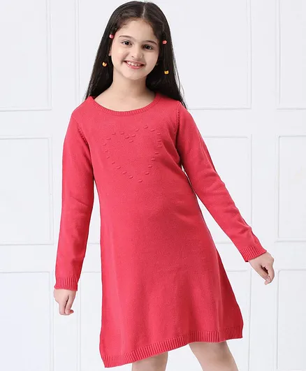 Hola Bonita Full Sleeves Textured Knee Length Sweater Heart Design - Pink