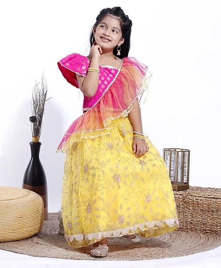 Babyhug Sleeveless Embroidered Choli & Lehenga With Dupatta - Pink Yelow