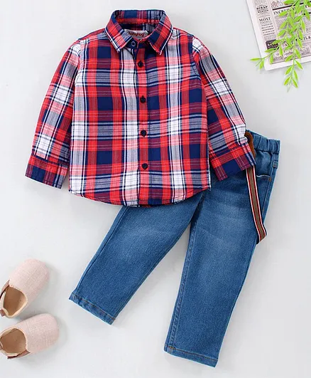 Babyhug Full Sleeves Checks Shirt & Denim Jeans - Red Blue