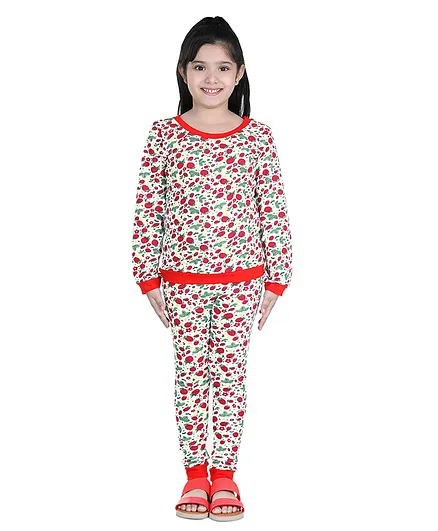 Naughty Ninos Full Sleeves All Over Strawberry Printed Night Suit - White & Red