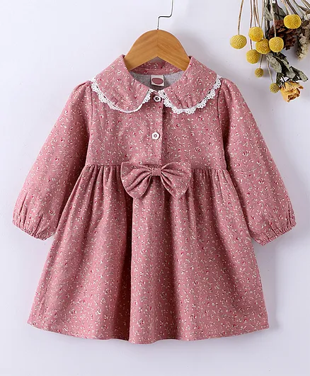 Kookie Kids Full Sleeves Frock With Bow Applique - Pink