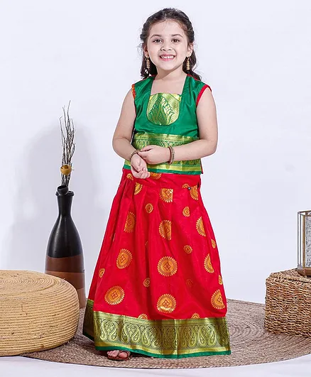 Bhartiya Paridhan Sleeveless Choli & Lehenga - Red Green