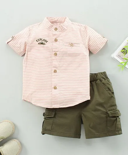 Babyhug Half Sleeves Shirts and Shorts Set Stripes -  Peach Green