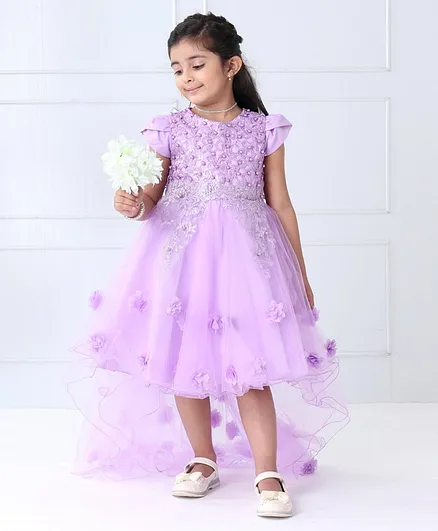 Mark & Mia Short Sleeves High Low Party Frock with Embroidery & Flower Applique - Purple