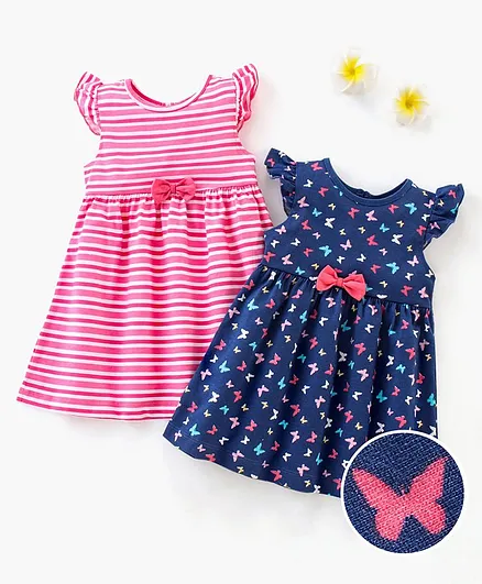 Babyhug Short Sleeves Frocks Butterfly Print & Bow Applique - Blue & Pink