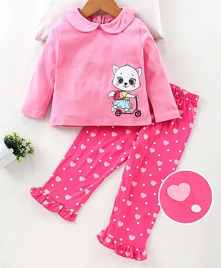 Babyhug Full Sleeves Night Suit Kitty & Heart Print - Light Pink & Fuchsia