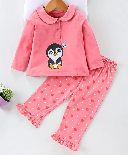 Babyhug Full Sleeves Night Suit Penguin Print - Light Pink
