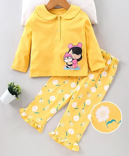 Babyhug Full Sleeves Night Suit Doll & Floral Print - Light Yellow