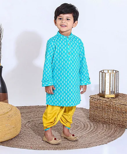 Babyhug Full Sleeves Kurta Dhoti Set All Over Printed - Blue Yellow