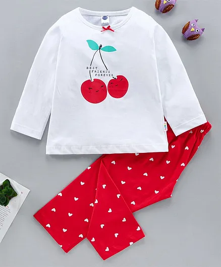 Teddy Full Sleeves T-Shirt & Pajama Set Cheery Graphic - Red & White
