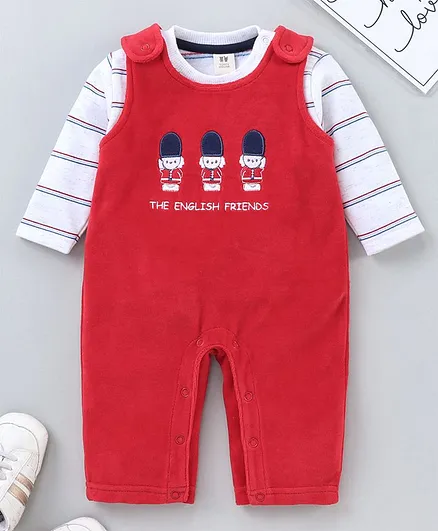 ToffyHouse Full Sleeves Dungaree Romper with Tee - Red