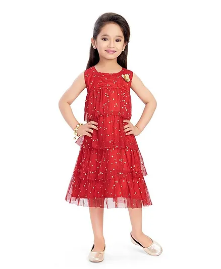 Doodle Girls Clothing Sleeveless Foil Star Printed Layered Dress - Red