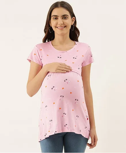 Goldstroms Half Sleeves Bunny Print Detailing Maternity Top - Light Pink