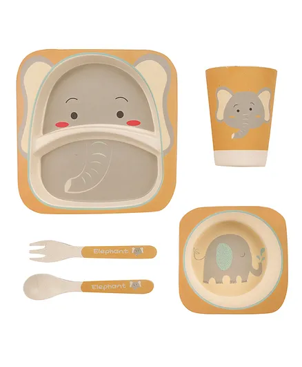 Baby Moo Elephant Print Bamboo Fiber 5 Pieces Dinner Set - Beige