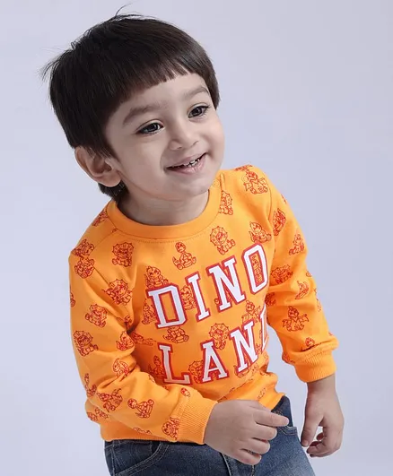 Babyoye Full Sleeves 100% GOTS Organic Cotton Terry T-Shirt Dino Land Graphic - Orange