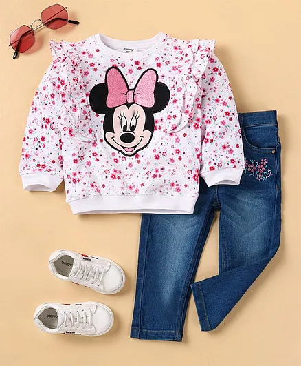 Babyhug Full Sleeves Top & Jeans Minnie Mouse Embroidery - White Dark Blue