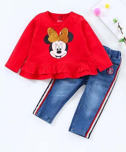 Babyhug Full Sleeves Top & Jeans Minnie Mouse Print - Red Blue