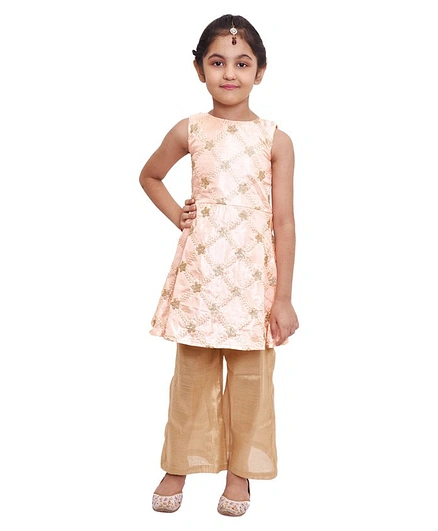 Tiny Bubs Sleeveless Floral Embroidered Kurti With Pants - Peach & Golden