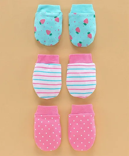 Babyhug 100% Cotton Mittens Strawberry Print Set of 3 - Blue Pink