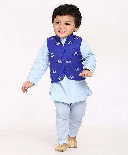 Babyoye Cotton Full Sleeves Stripe Kurta & Pyjama With Jacket Elephant Embroidery - Blue