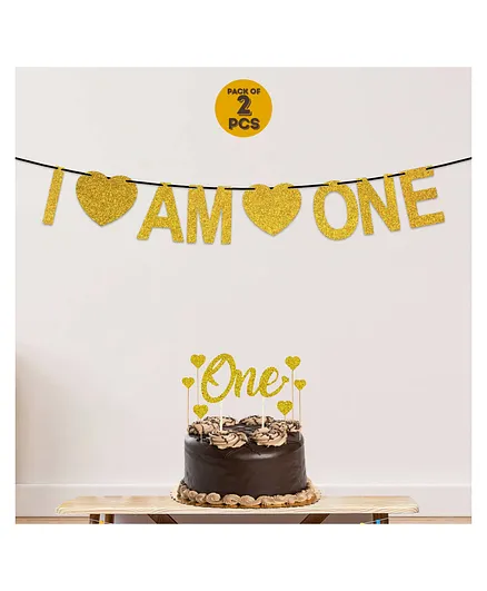 Zyozi I Am One Banner Sign & Cake Topper Set Golden - Pack of 2