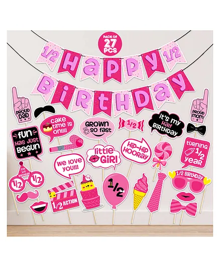 Zyozi 6 Months Baby Girl Birthday Banner & Photo Booth Party Props Pink - Pack of 27