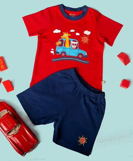 Lil' Roos Half Sleeves Animal's Car Printed Tee & Shorts Set - Red & Blue