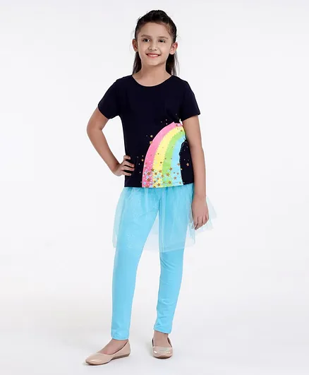 Pine Kids Half Sleeves Tee and Skeggings Set Rainbow Print - Blue