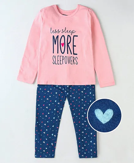 Pine Kids Biowashed Full Sleeves Top & Pyjama Pants Set Text Print - Pink Blue