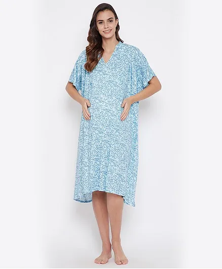 The Kaftan Company Half Sleeves All Over Leaves Print Maternity Night Dress - Blue