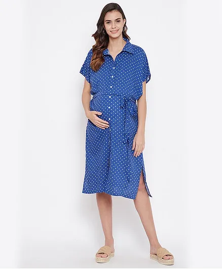 blue and white polka dot maternity dress