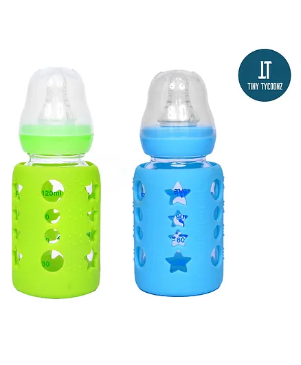 Tiny Tycoonz Glass Feeding Bottle with Protective Warmer Pack Of 2 Multicolour - 120 Ml each