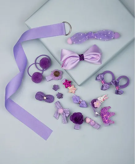 Arendelle Set Of 13 Bow Design Hair Clips & 4 Rubber Bands - Purple